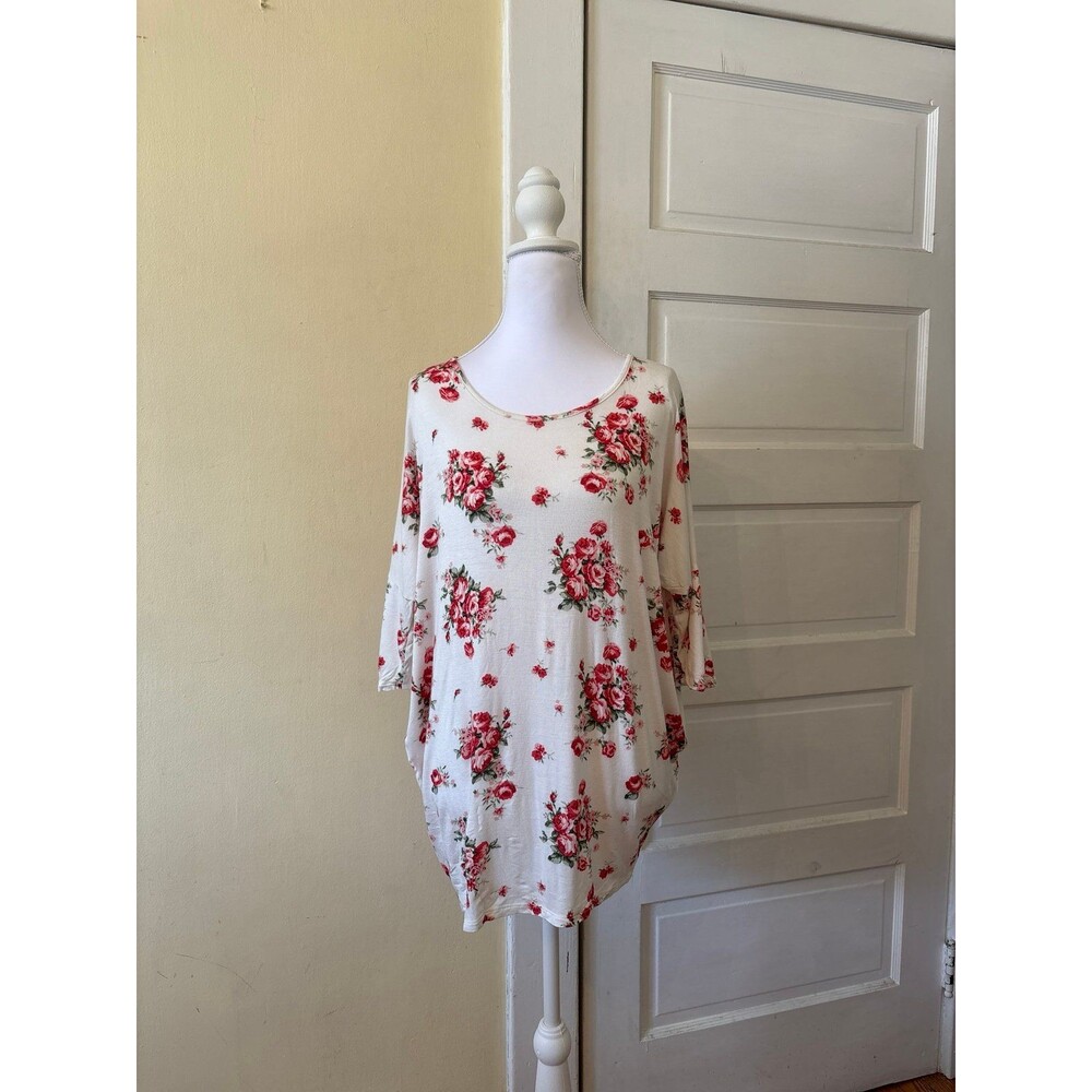 Women's floral high low tunic top white red garden formal classic vintage hilo